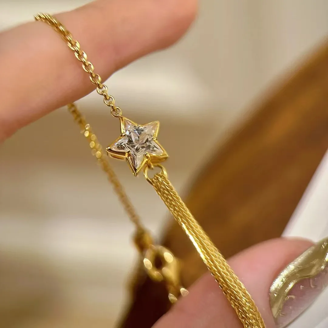 PANJBJ 925 Sterling Silver Stars Zircon Bracelet for Women Multi Layered Delicate Versatile Sweet Jewelry Gift Dropshipping