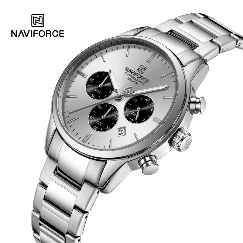 

Новые мужские спортивные часы NAVIFORCE, модные наручные часы для мужчин, кварцевые, с ремешком из нержавеющей стали, водонепроницаемые 3ATM, ударопрочные.