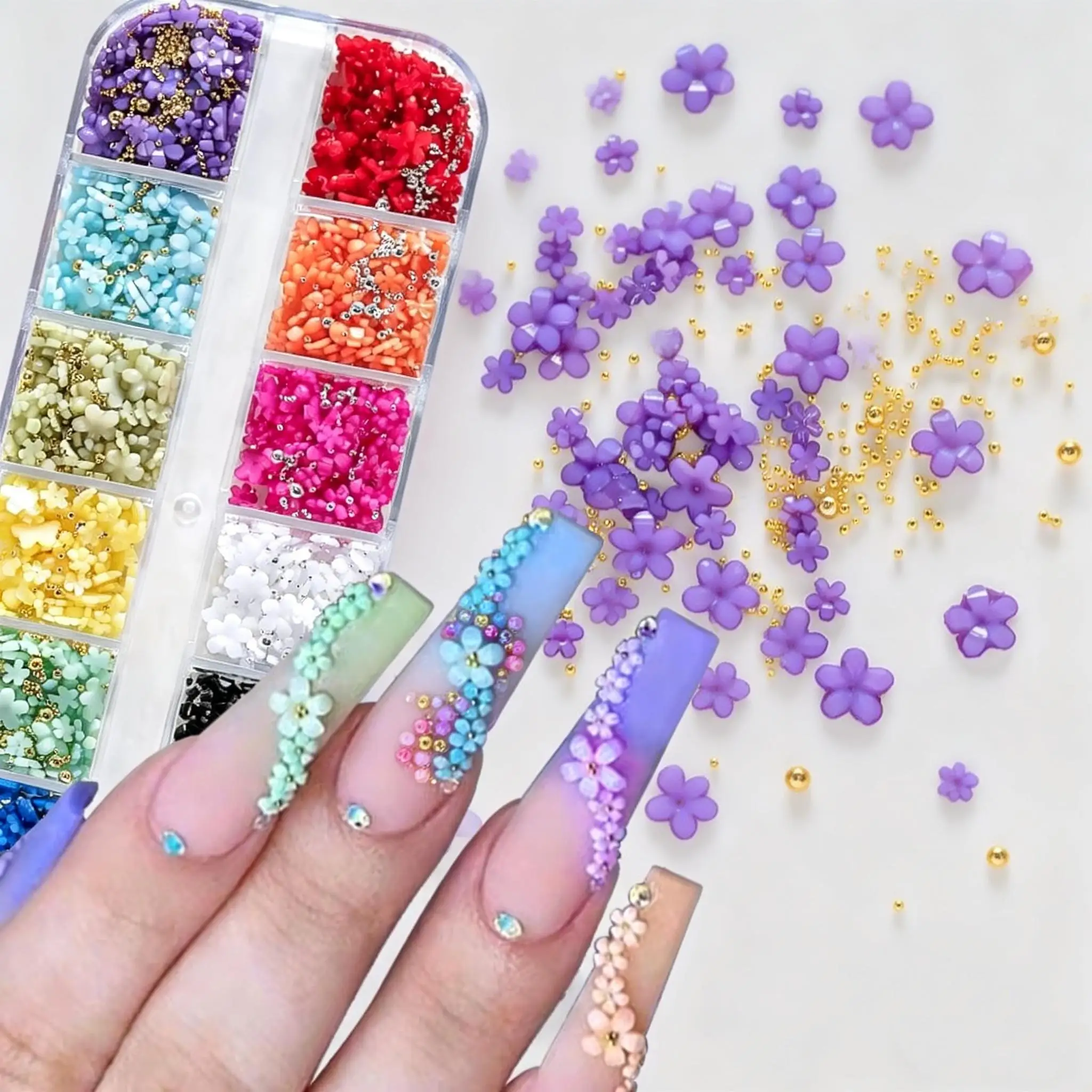 12-Fach Gemischtes Blumen-Nagelcharms-Set, 12-Farbige Gold-, Silber-Stahlkugeln & Strasssteine, DIY Nagelkunst-Dekorationen, Professionell – Detail 4