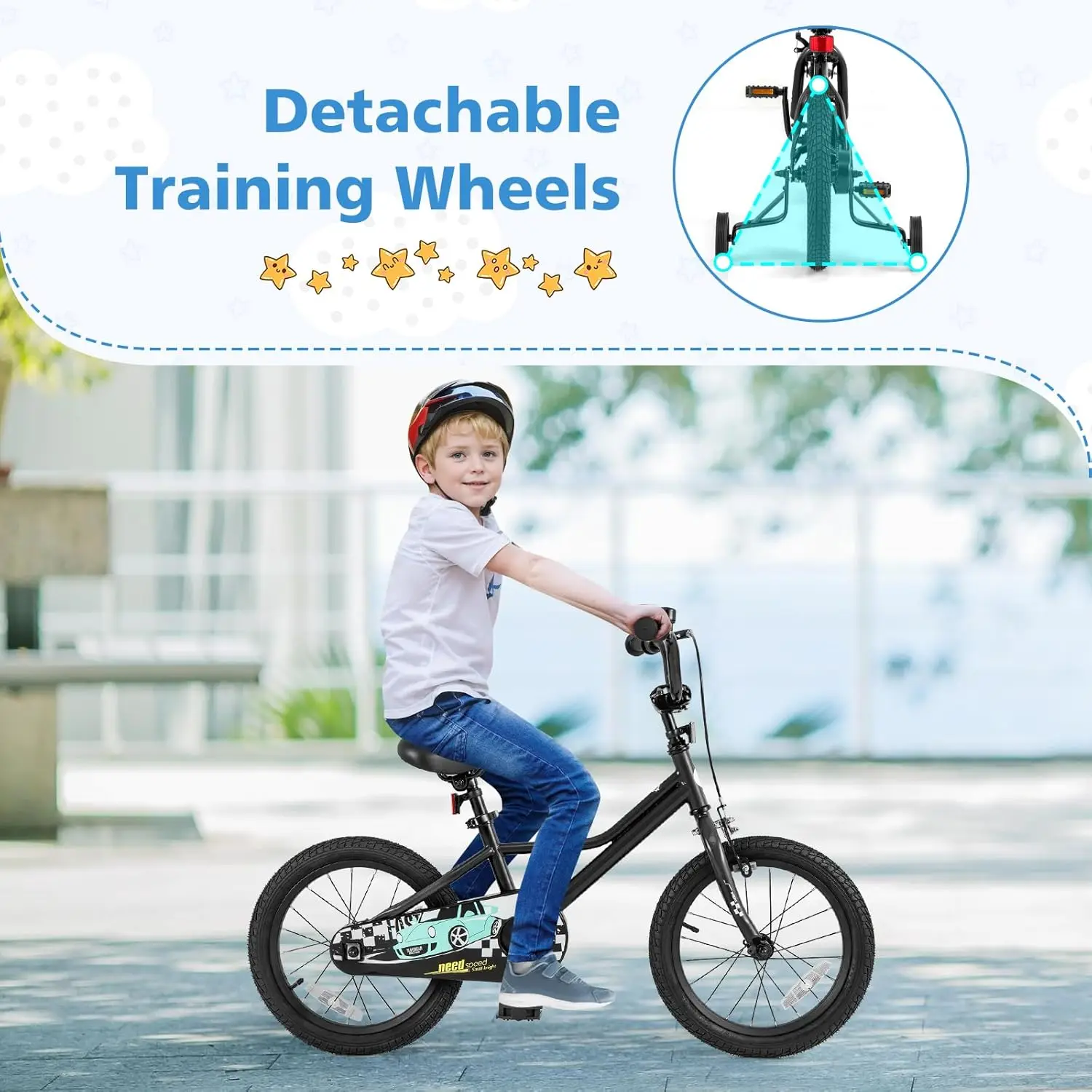 Rower dziecięcy, 12 14 16 18 cali, wzór samochodowy, sportowy rower z odpinanymi kółkami pomocniczymi, hamulce ręczne i nożne, regulowane siedzisko i H