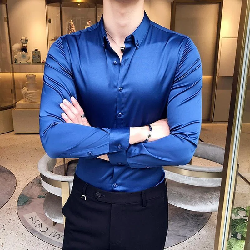 

Plain Long Sleeve Shirts and Blouses for Men Business Silk Summer Button Man Tops Fashion Social High Quality Clothing JJ1326