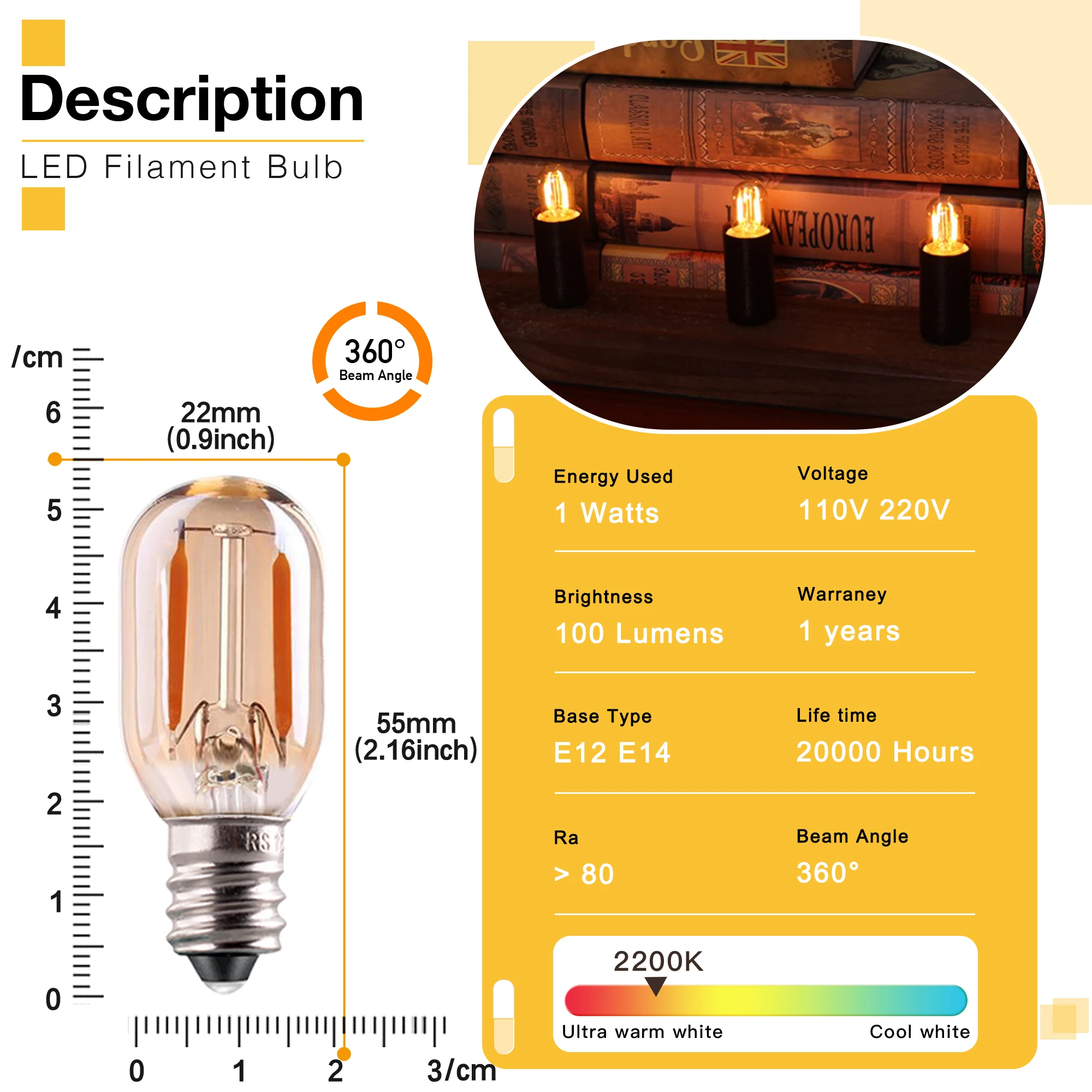 T22G Dimmable LED Lamp Bulb 1W Vintage Tube Night Light Bulbs Amber Glass E12 E14 220V 2200K Home Chandelier Decor Light Bulb