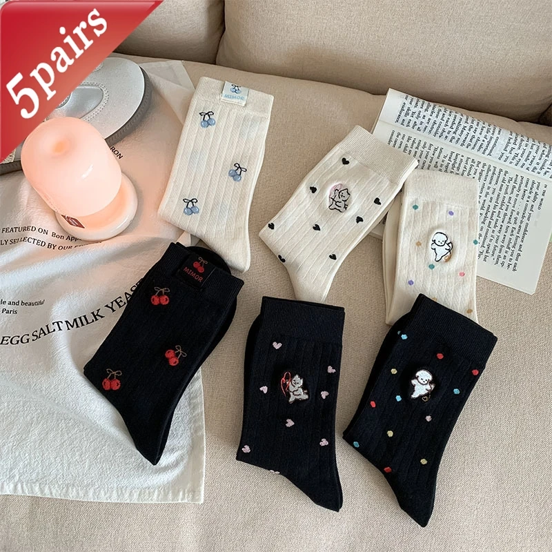 

5 Pairs Ladies' Socks Set Japanese Cartoon Embroidery Kawaii Preppy Style Middle Tube Socks Breathable Comfortable Cotton Socks