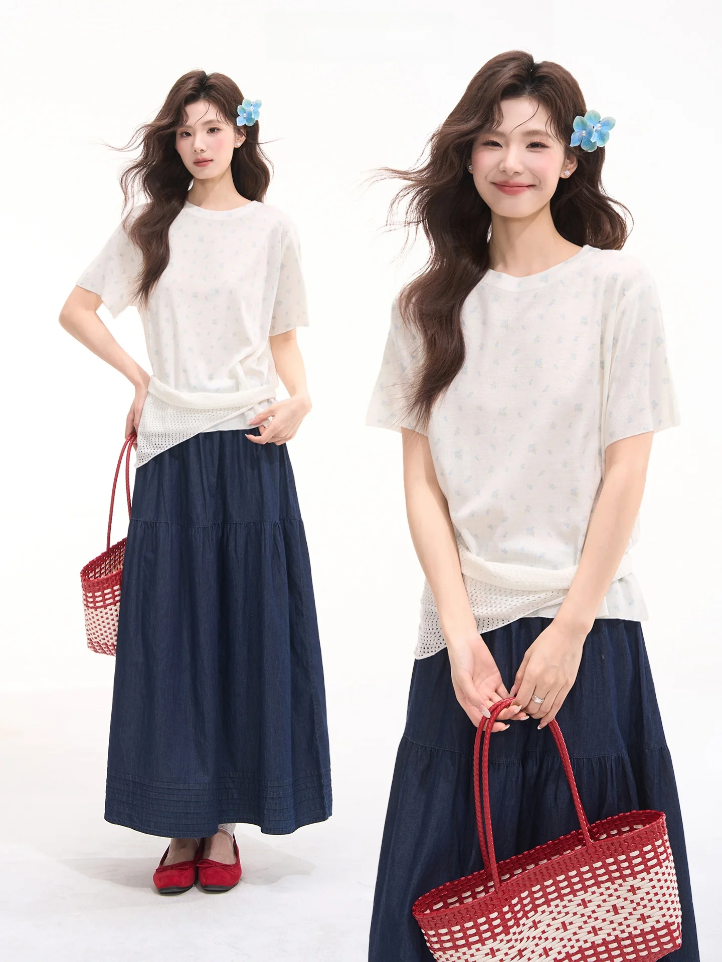 

Женский топ с короткими рукавами и цветочным узором в корейском стиле, вязаный, свободного кроя, из полиэстера, летний, повседневный, Heme Xuee Baiyun