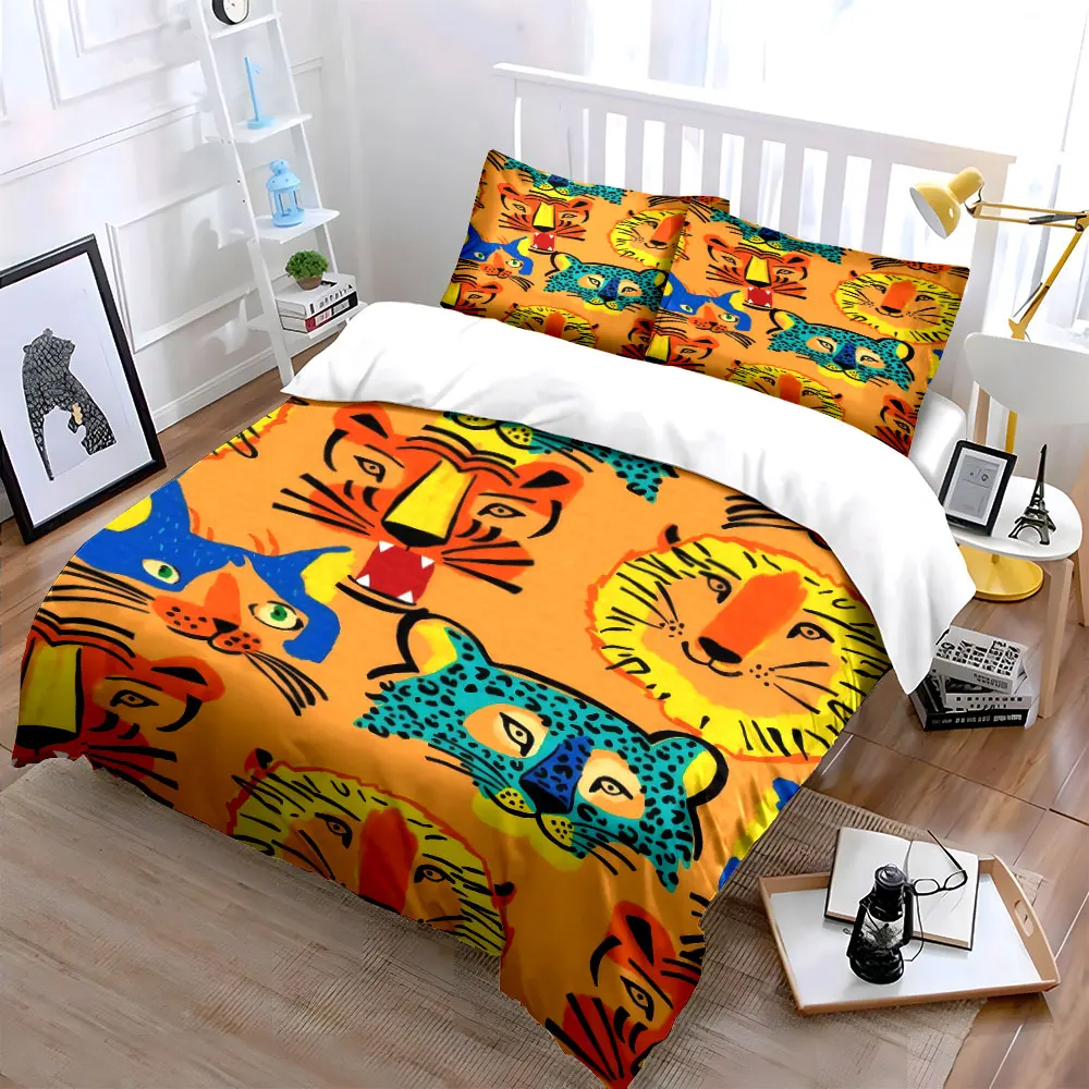 3Pcs Wild Cat Faces Bedding Set, Colorful Cartoon Tiger, Leopard and Lion Print Duvet Cover + 2 Pillowcases, Kids room Decor