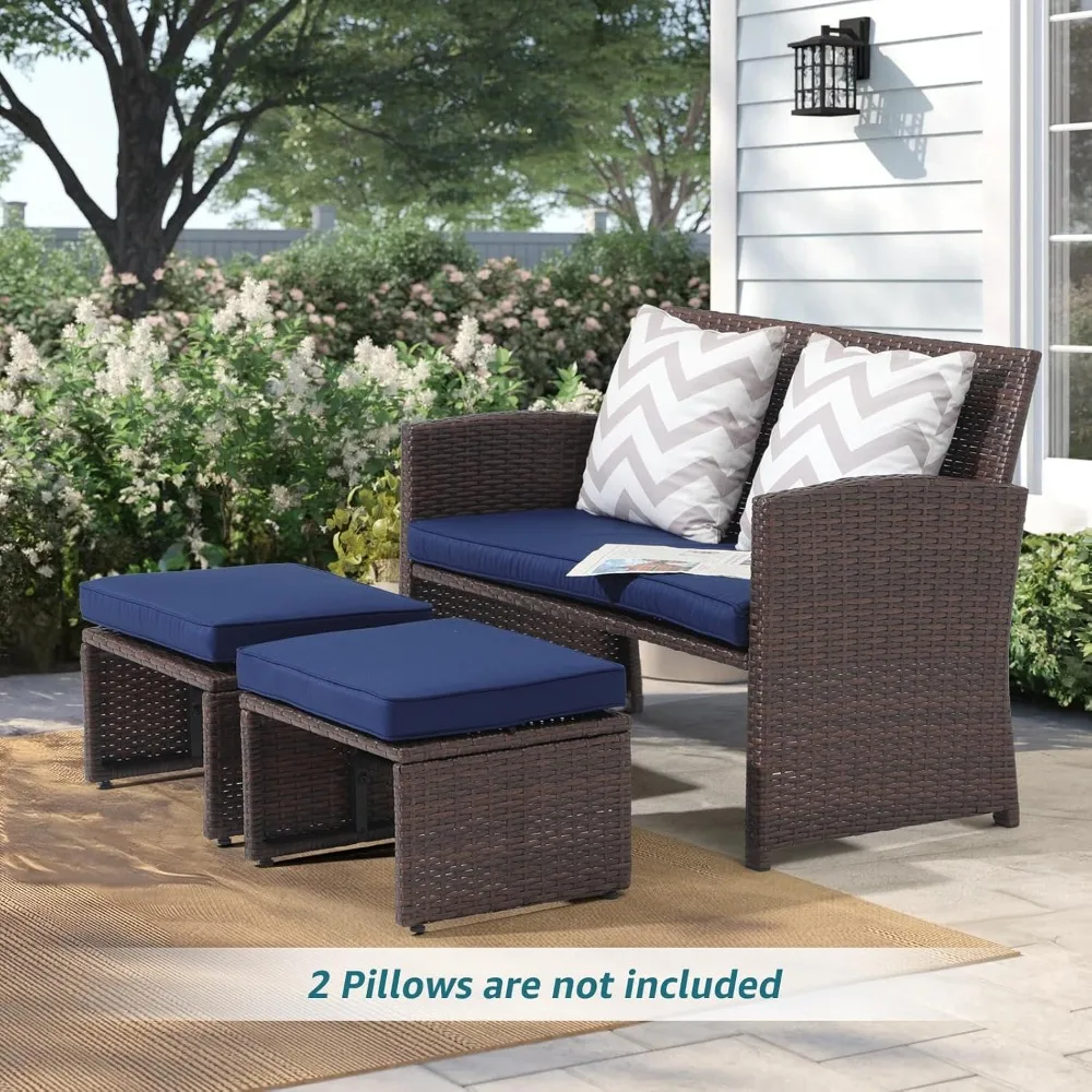 Garden Furniture Sets-3 Piece Set All-Weather Wicker Love Seat with Ottoman/Side Table, Brown Rattan-patio Furniture Outdoor Set