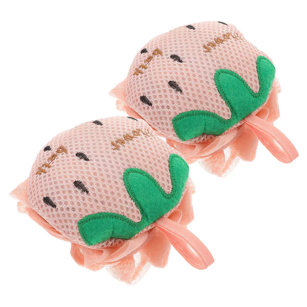2Pcs Strawberry Bath Loofah Sponge Double Sided Exfoliating Mesh Pouf for Body Scrub Gentle Cleansing Rich Lather Travel