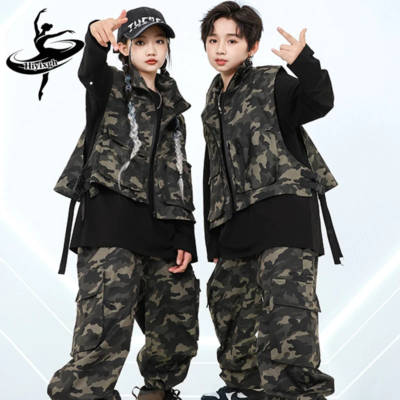 

Костюмы для бальных танцев и хип-хопа для мальчиков: свободный жилет, брюки, камуфляжный костюм, уличная одежда для девочек, комплекты для джазовых танцев и сценических выступлений