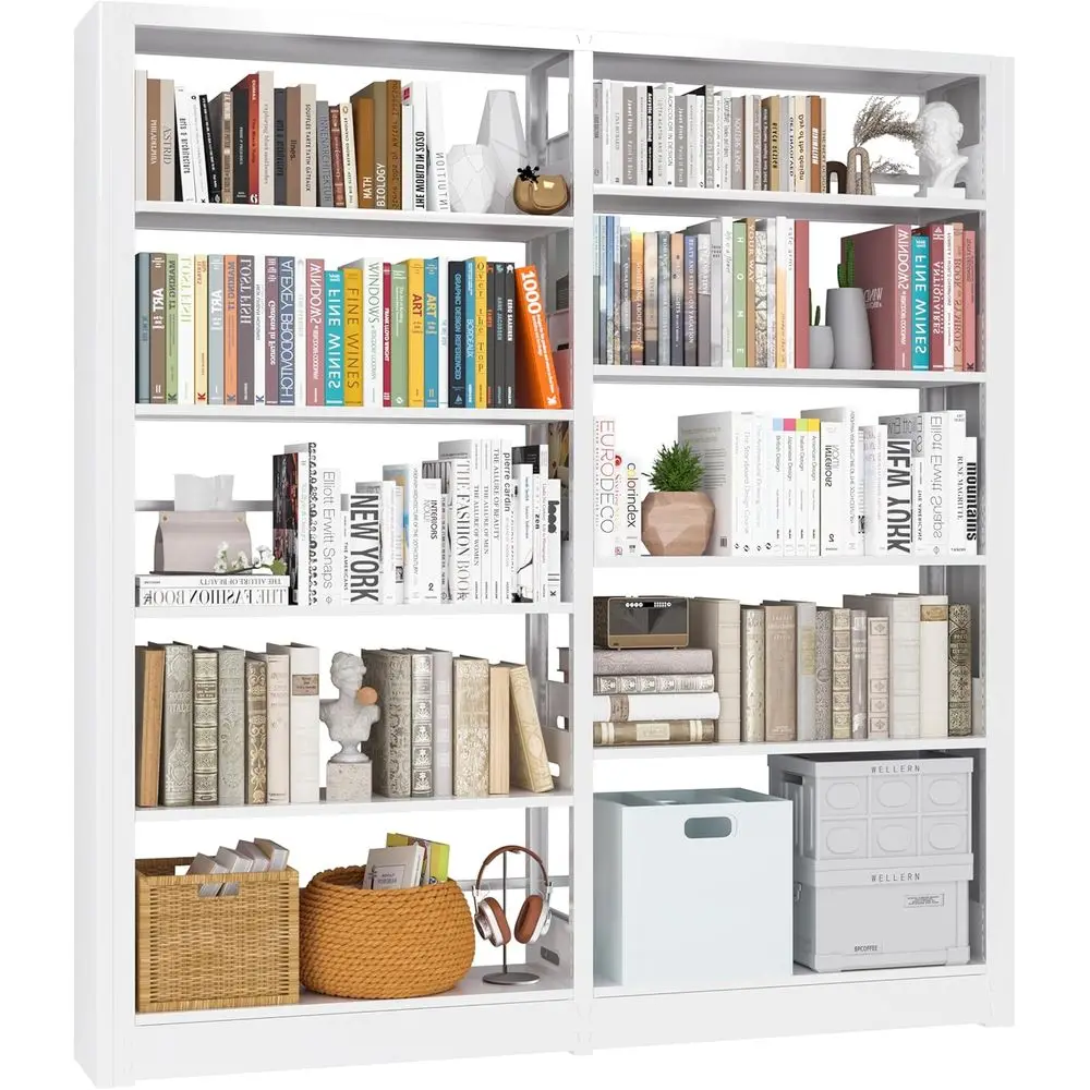 

69 5-Tier Metal Bookshelf, Adjustable Shelves, Heavy Duty Organizer for Living Room or Office, White (Set of 2)