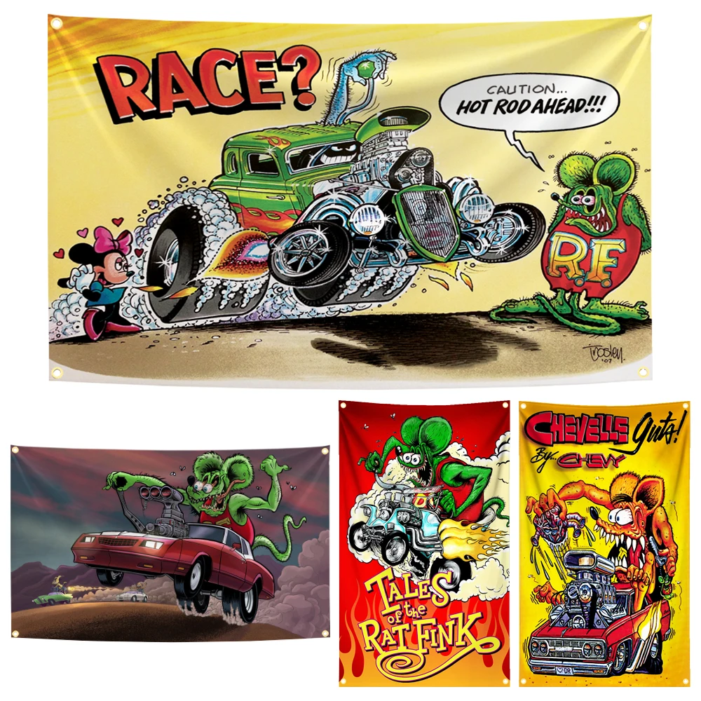 90x150cm Rat Fink Fashion Art Flag Tapestry Polyester Digital Printing Banner for Garage Wall Art Out Door Decoration
