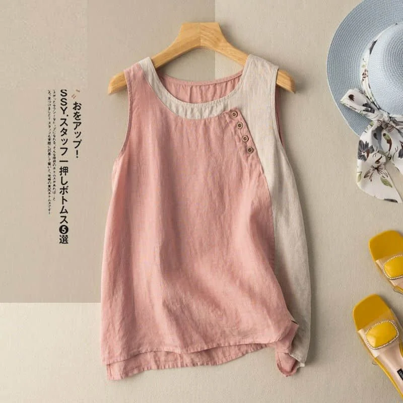 100% Cotton Linen Vest Women Tops Summer New Korean Fashion Casual Loose Asymmetric Patchwork Button Tanks O-neck Women Clothing