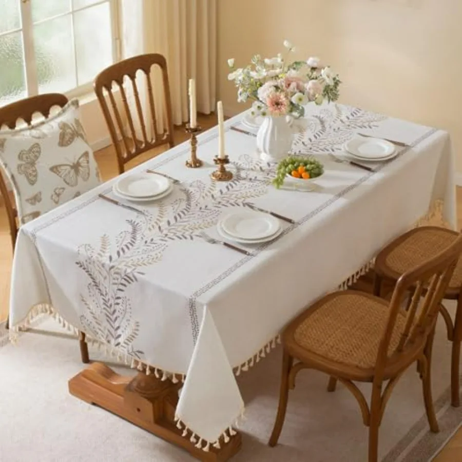 

Rectangle Embroidery Heavy Duty Cotton Linen Tablecloth Farmhouse Rustic Waterproof Wrinkle Free with Tassels Coffee Fern 55×10