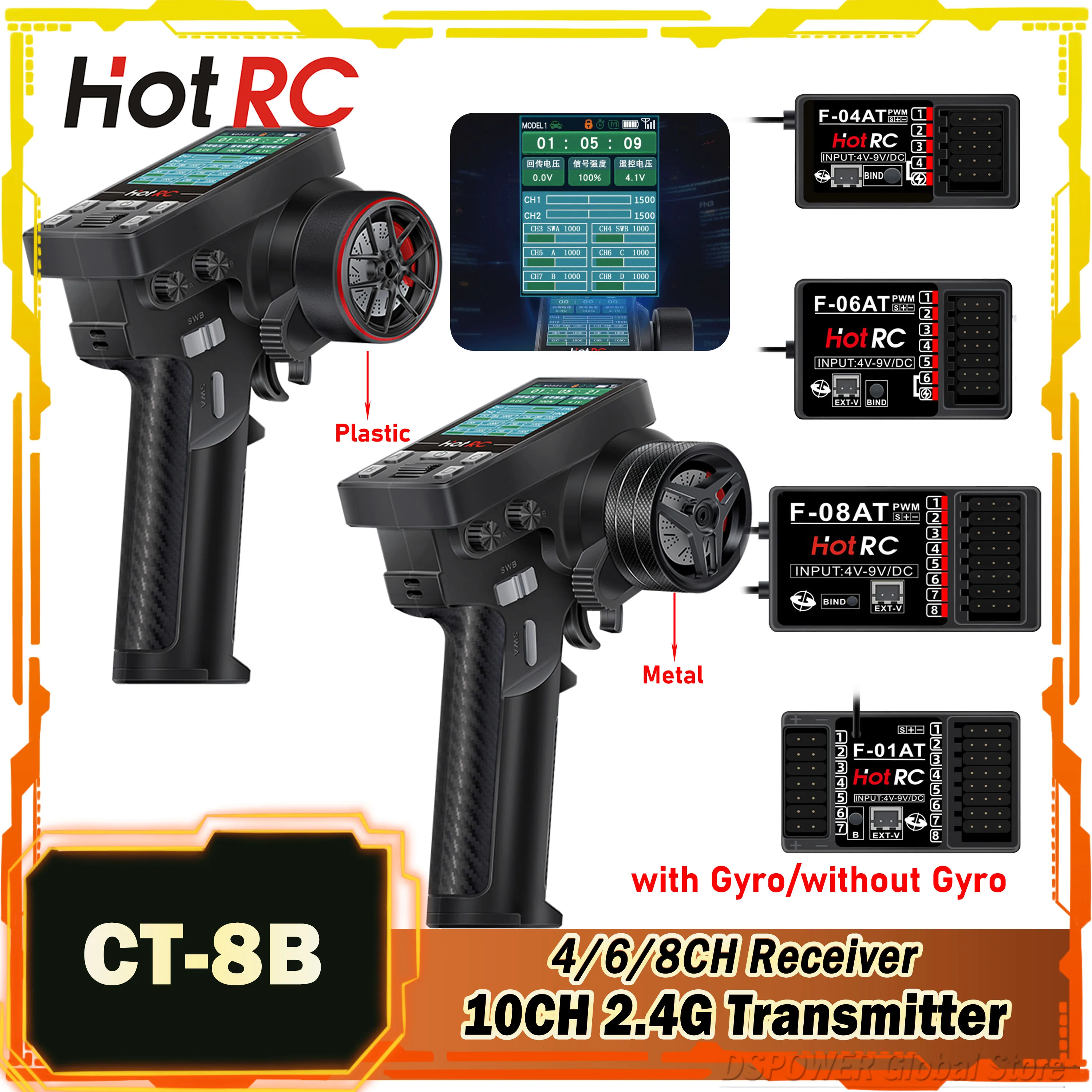 HOTRC 10CH CT-8B 2.4G Transmitter TFT Screen Remote Control Gyro Receiver F-04T F-06AT F-08AT F-01AT for RC Model Car Boat Tank