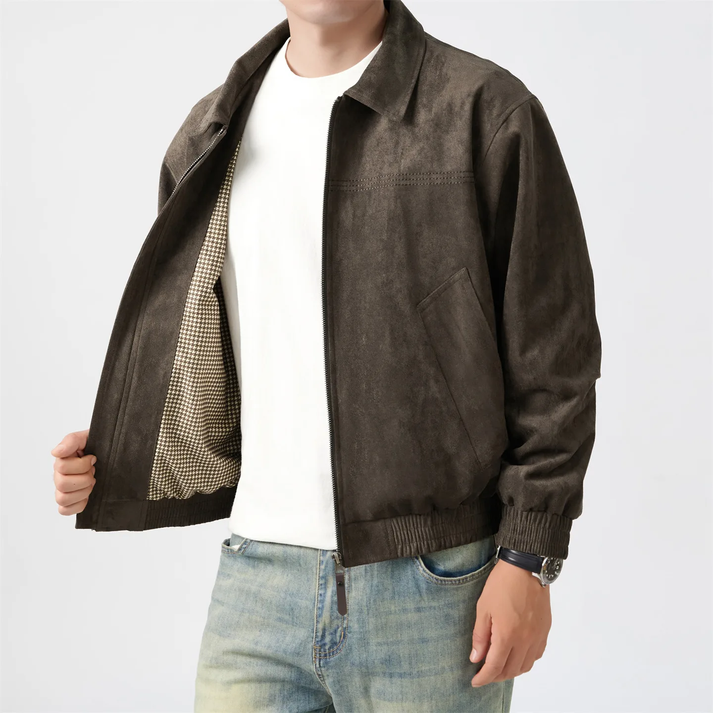 Men Cropped Boxy Minimalist Faux Suede Jacket Lightweight Soft Texture Coach Jacket Vintage Harajuku Streetwear Bomber Outerwear