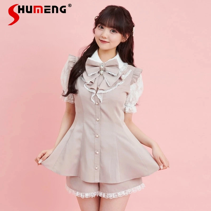 

New Japanese Lolita Style Sweet Suit Short Sleeved Shorts Lace Trim Big Bow Lace Rojita Slimming Patchwork Blouse Two-Piece Sets