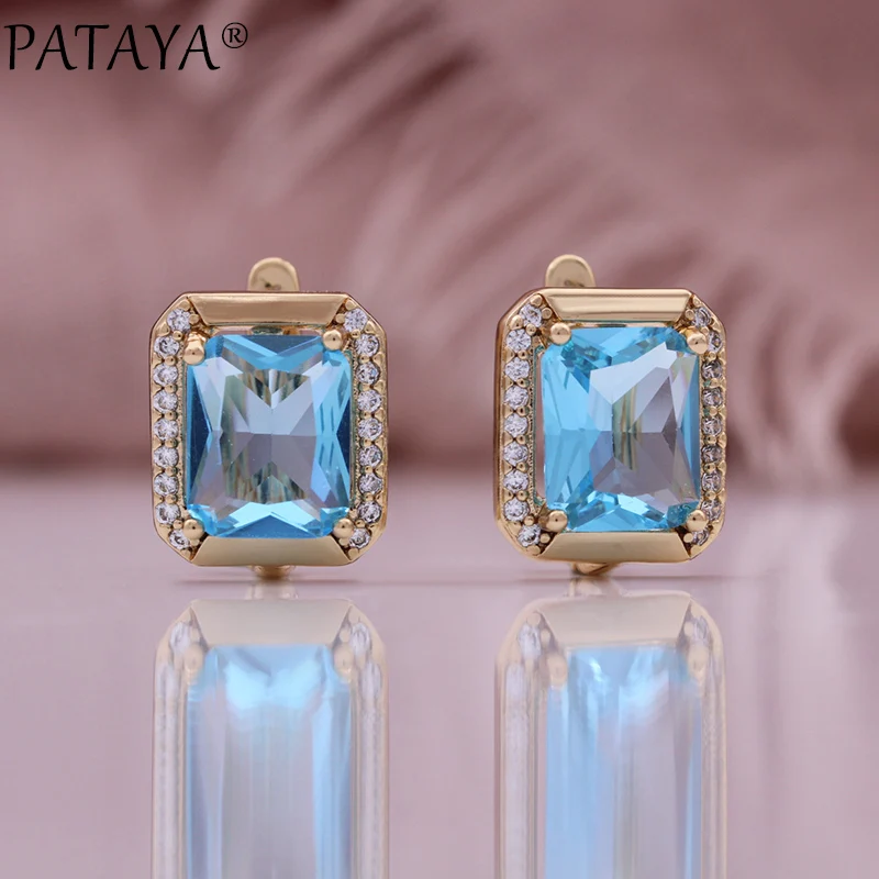 PATAYA New 585 Rose Gold Color Square Earring for Women Fashion Blue Natural Zircon Accessories High Quality Daily Jewelry