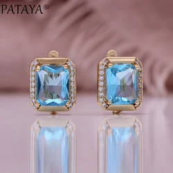 PATAYA New 585 Rose Gold Color Square Earring for Women Fashion Blue Natural Zircon Accessories High Quality Daily Jewelry