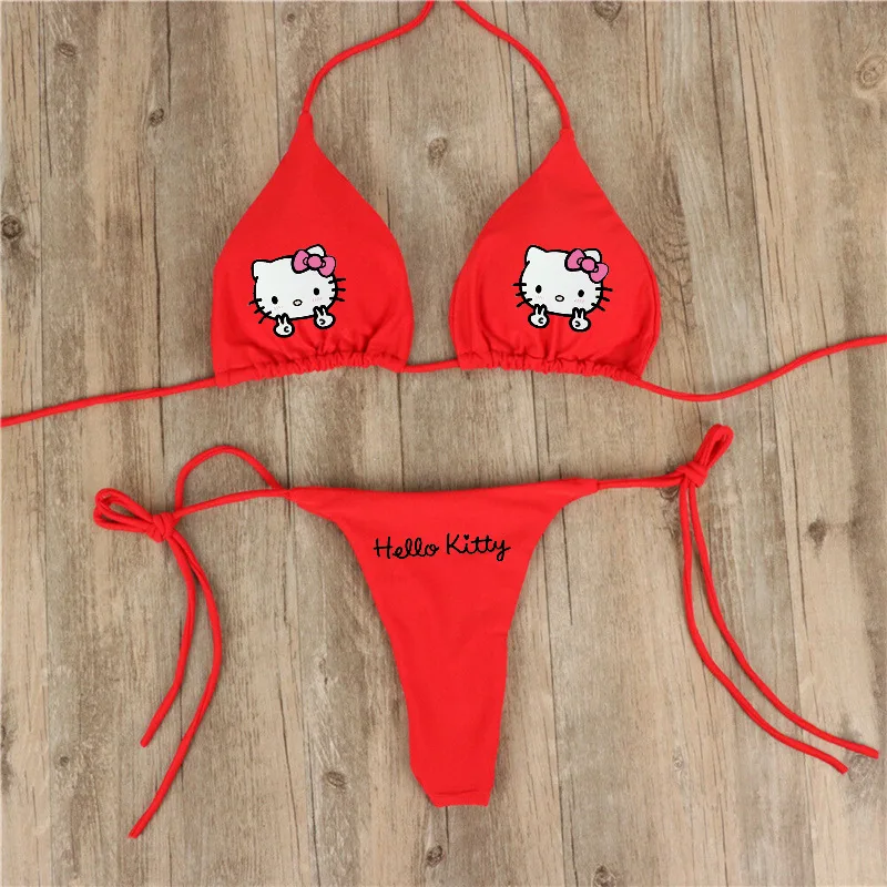 Y2K Hello Kitty Sexy Bikini Set Summer Kawaii Kuromi Melody Beach Soft Side Strappy Panties Swimsuit Cute Girl Cartoon Swimsuit view 3
