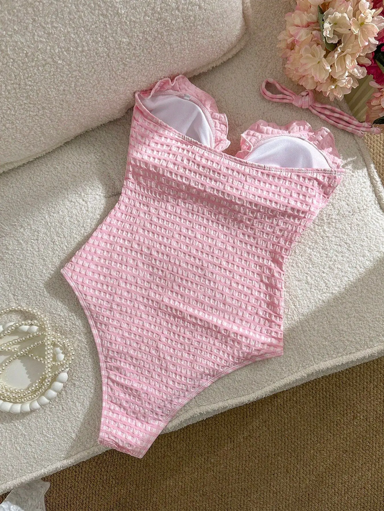 sexy pink plaid front bow tie ruffles bandeau swimsuits one piece bodysuits bikinis bathing suit swimwear biquini tankini