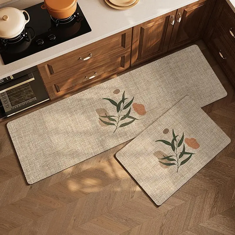 2 Piece Linen Textured Kitchen Rugs Set Non Slip Waterproof Backing Minimalist