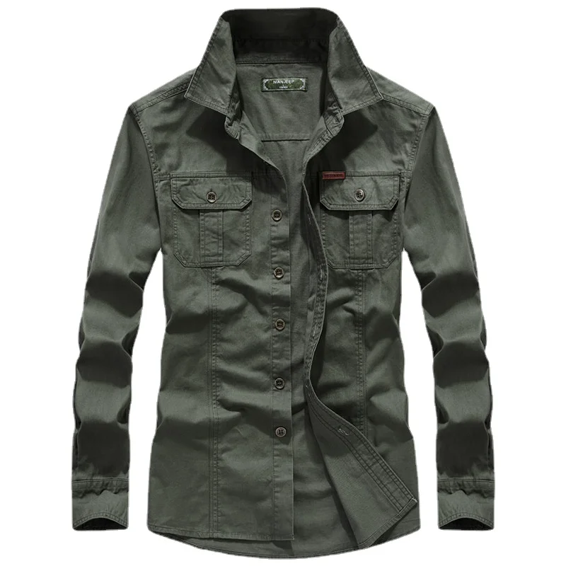 Men Multi-pocket Tooling Casual Shirts Long-sleeved Male Cotton Military Outdoor Shirts Good Quality Man Large Size Solid Shirts