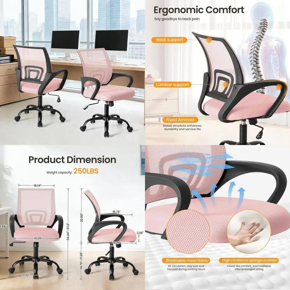 

Ergonomic Mid-Back Swivel Office Chair with Breathable Backrest, Lumbar Support, Adjustable Seat, Rolling Wheels, Pink