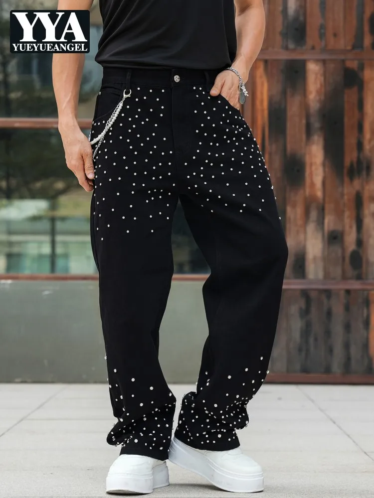 

Hip Hop Men Loose Fit Shiny Diamonds Harem Pants High Street Long Straight Denim Pants Casual Cowboy Jeans Streetwear Trousers