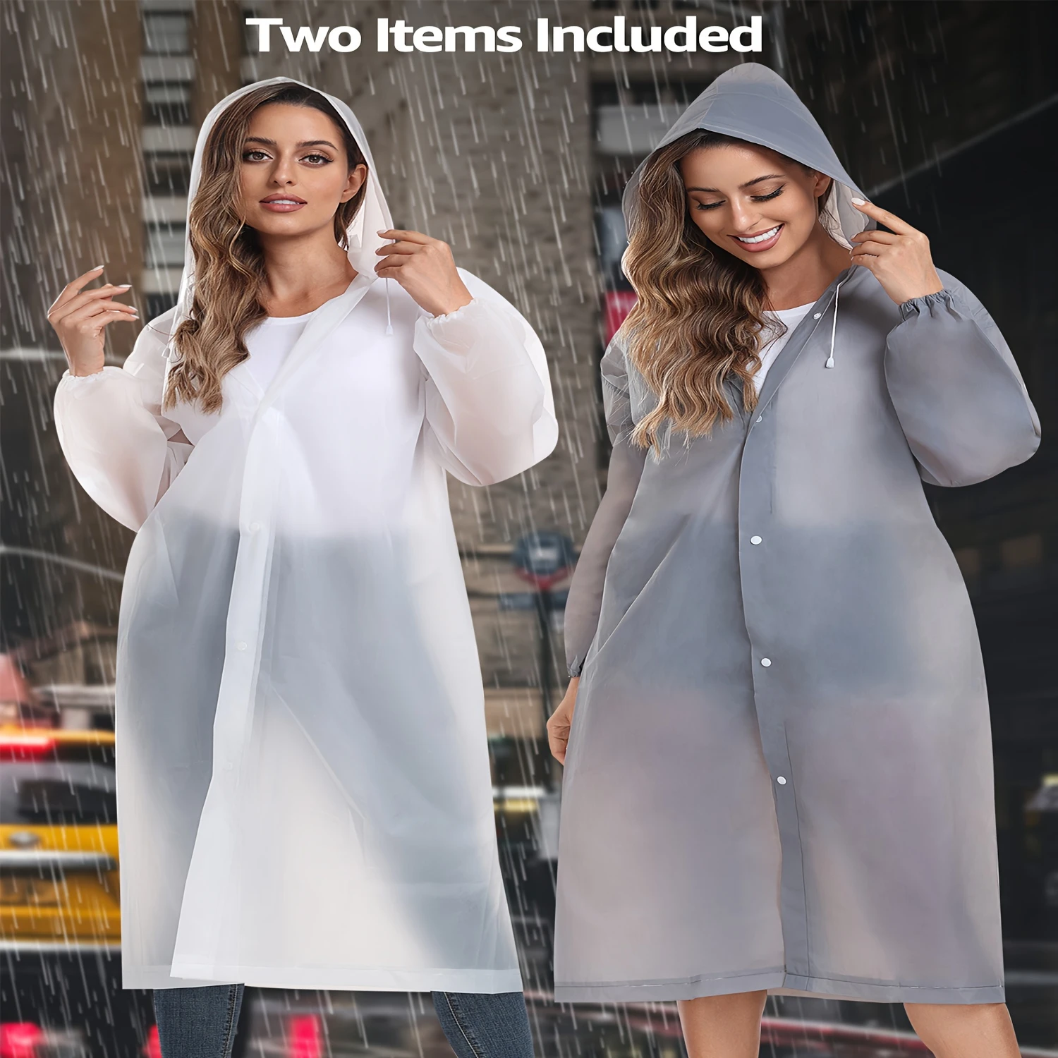 

Waterproof Drawstring Jacket 2-Pack for Women - Button Front, Lightweight Hooded Raincoat for Spring & Fall