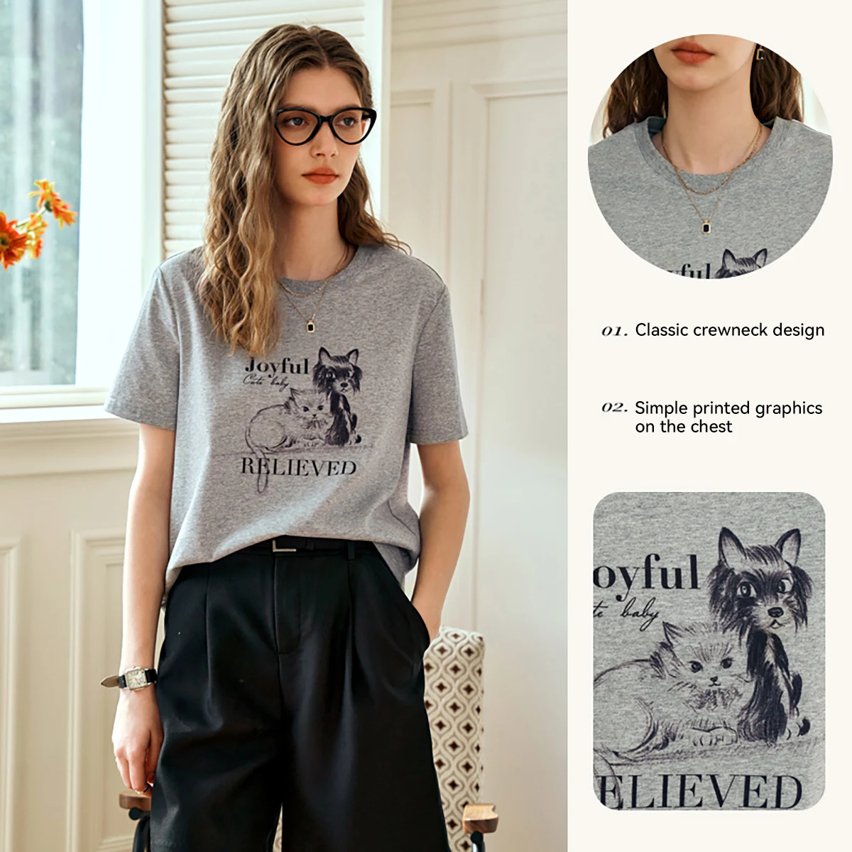 OLrain Dames Zomer 2025 Franse Schouder 100% Katoenen T-shirt Grijs Gedrukt Dames Korte Mouw Vrouw Crop Kleding O57XT91526