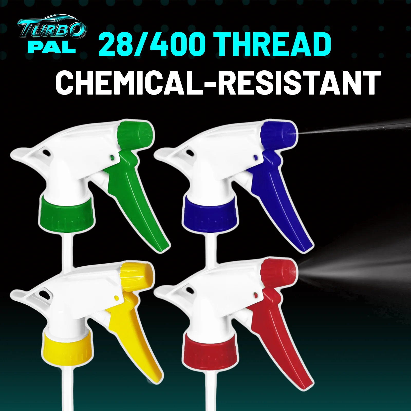 TURBOPAL Chemical-Resistant 4-Pack Spray Nozzles, Universal Fit 28mm Thread for 8oz to 32oz Bottles, Acid & Alkali Resistance