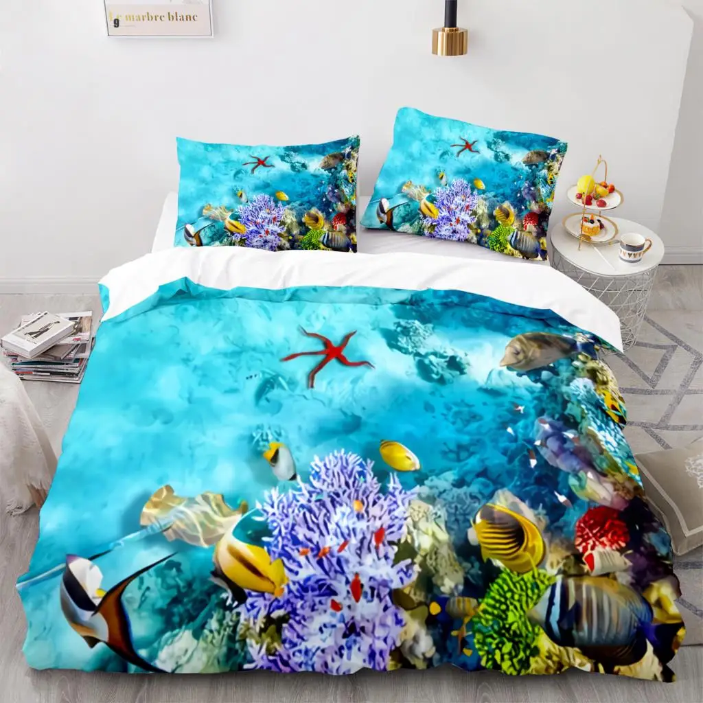 Fish Bedding Set Single Twin Full Queen King Size Marine life Bed Set Aldult Kid Bedroom Duvetcover Sets 3D Anime Kawaii 013