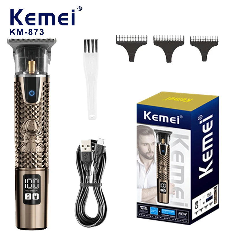 KEMEI USB Electric LCD Hair Clipper Trimmer Gold Light Head Rechargeable Hair Clipper Oil Head Hair Carving Mark Razor KM-873