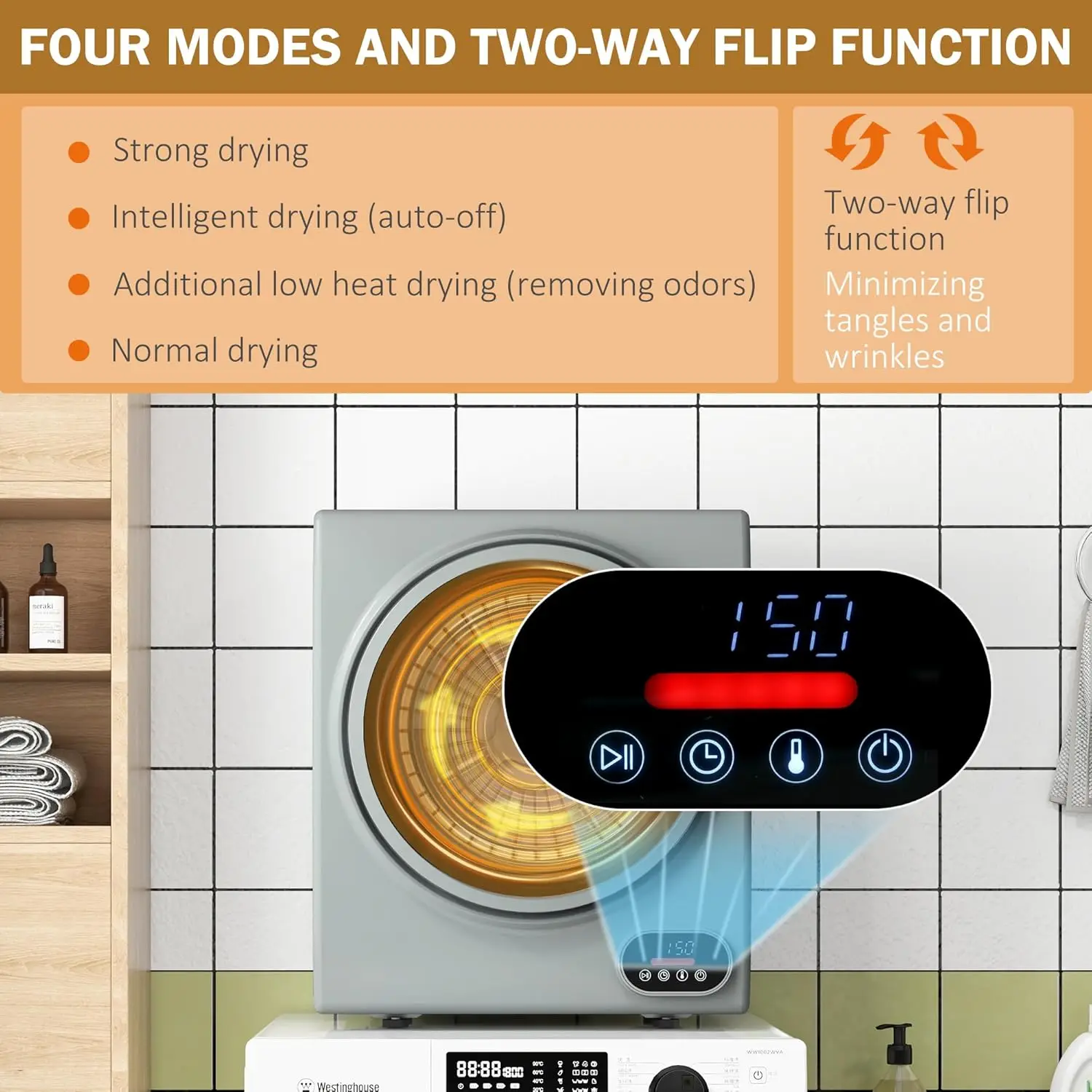 Secador de ropa portátil, secador de ropa compacto con tambor de acero inoxidable de 1,5 pies cúbicos, secado inteligente, frontal de 120 V 850 W