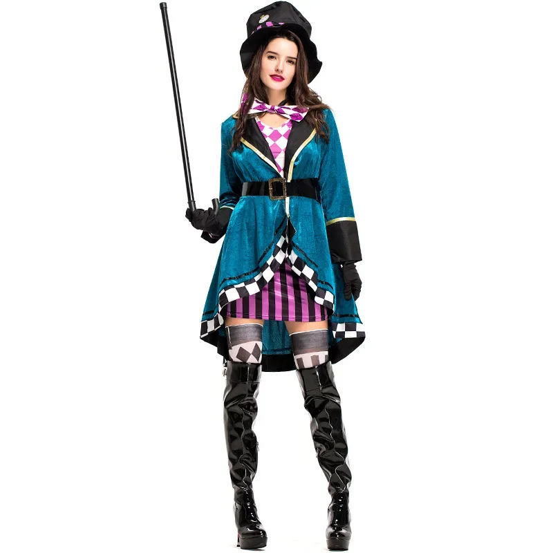 Halloween Alice In Wonderland Clock Mad Hatter Cosplay Costume Sexy Adult Women Magic Show Tuxedo Fancy Dress