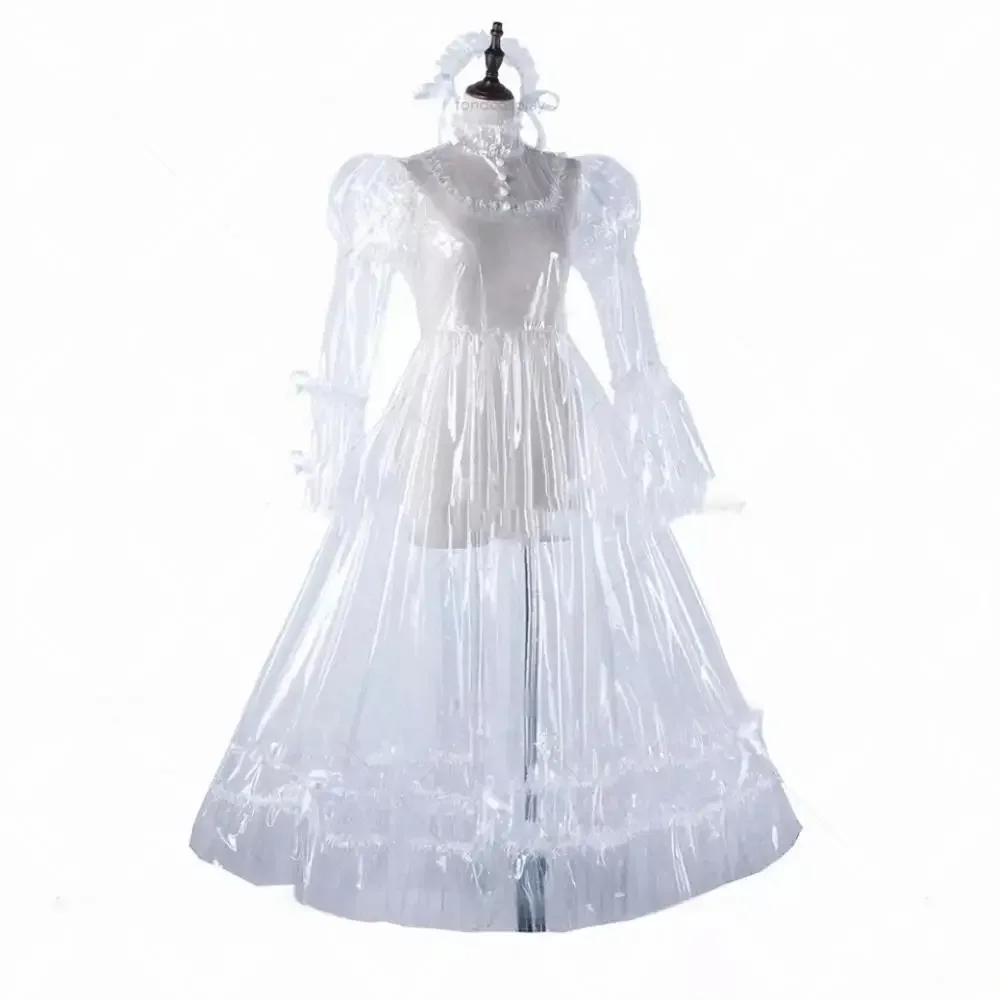 Sexy Sissy Lockable White PVC Sheer Dress Cute Girl French Maid Cosplay Adult Tailor Halloween Selected Festive Costumes