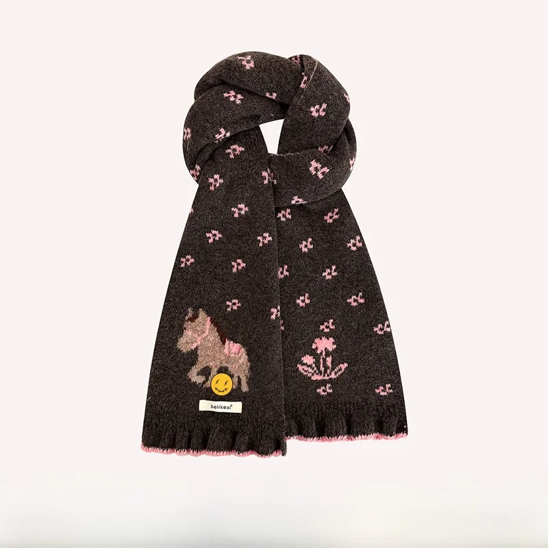 韓国風ニットスカーフ-レディース-厚手-冬用-暖かい-首を守る-小馬デザイン-長方形スカーフ