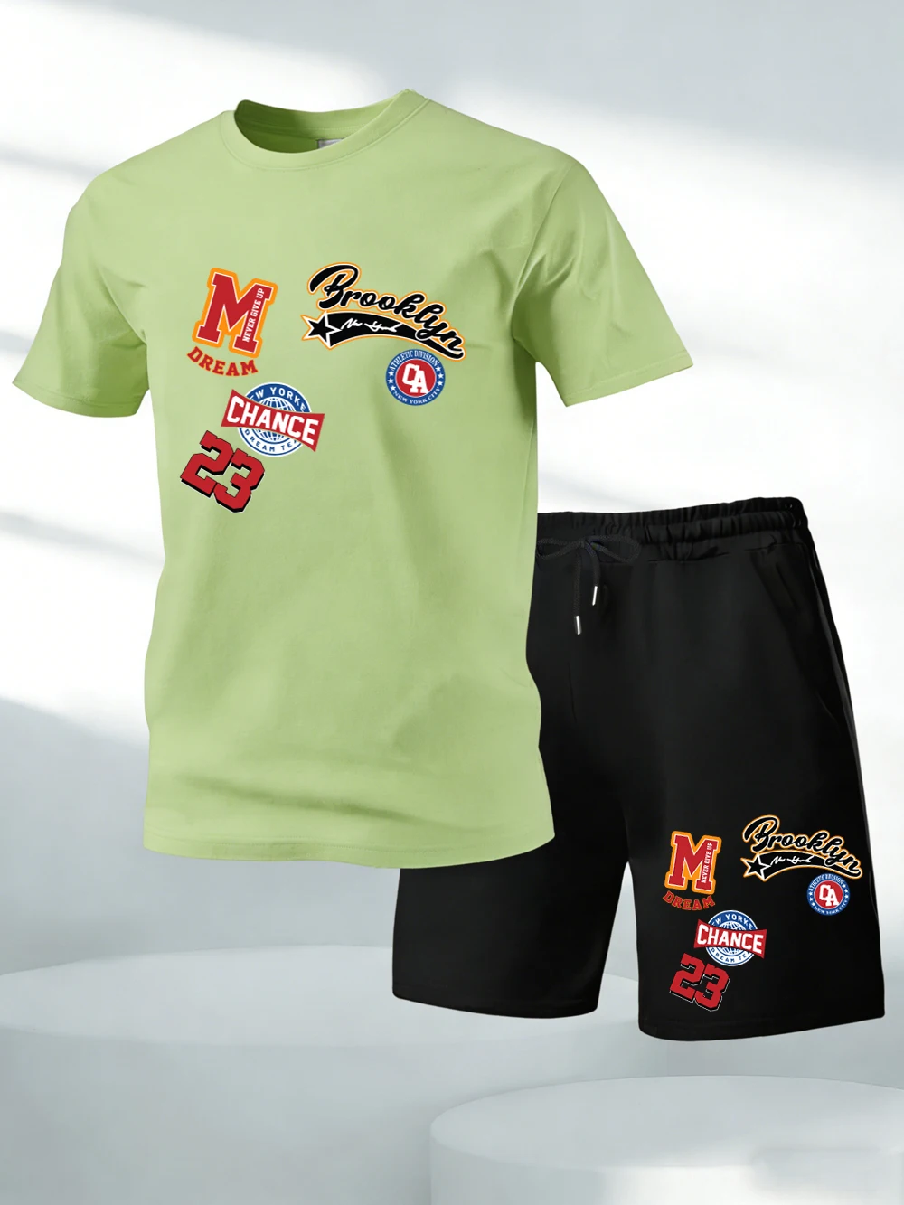 Two Pieces Set New York Brooklyn Dream Print Cotton Tops Shorts Mens Oversized Soft O-Neck T-Shirts Pocket High Waisted Pants