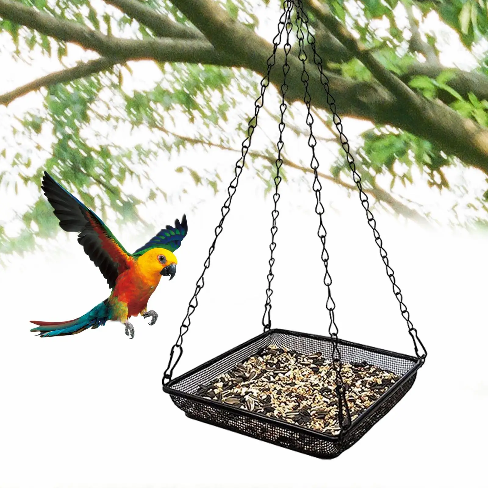 Black Metal Bird Feeder Hanging Dish Outdoor Garden Mesh Tray Platform for Wild Backyard Birds