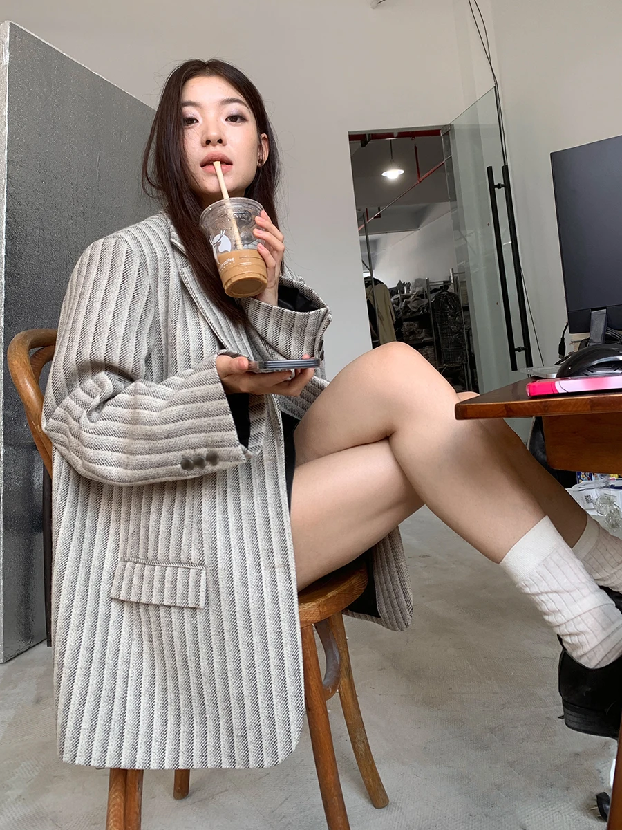 Original Design Wollanzug Jaet Top Street Sle Herbst Winter Vielseitig Miss Heber Polyester Wollmischung Long Sve