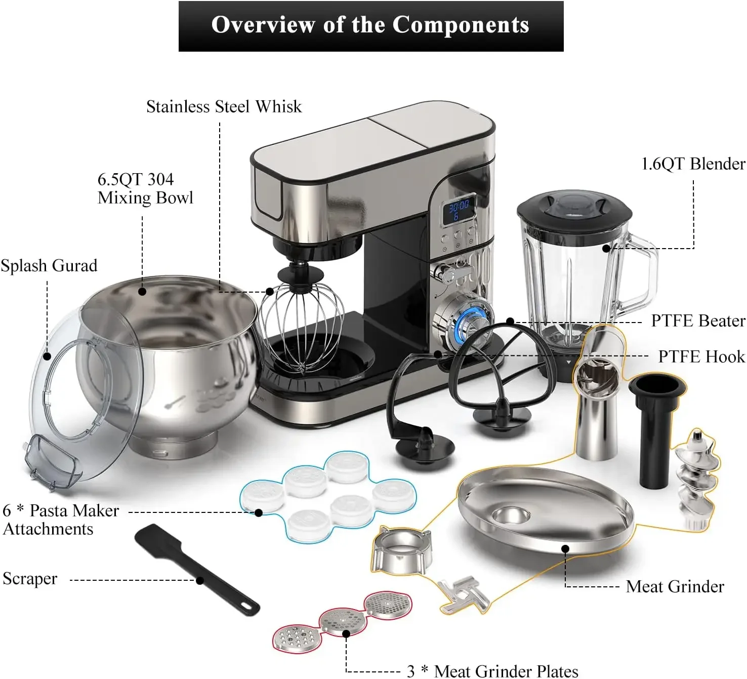 Multi-Function Stand Mixer with LCD Display, Kitchen  Mixer, 6.5QT Stainless Steel Bowl  1200W, 6 in 1