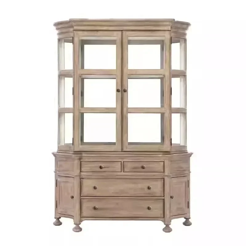 American solid wood glass dustproof French double door dining side cabinet living room multi-functional storage cabinet