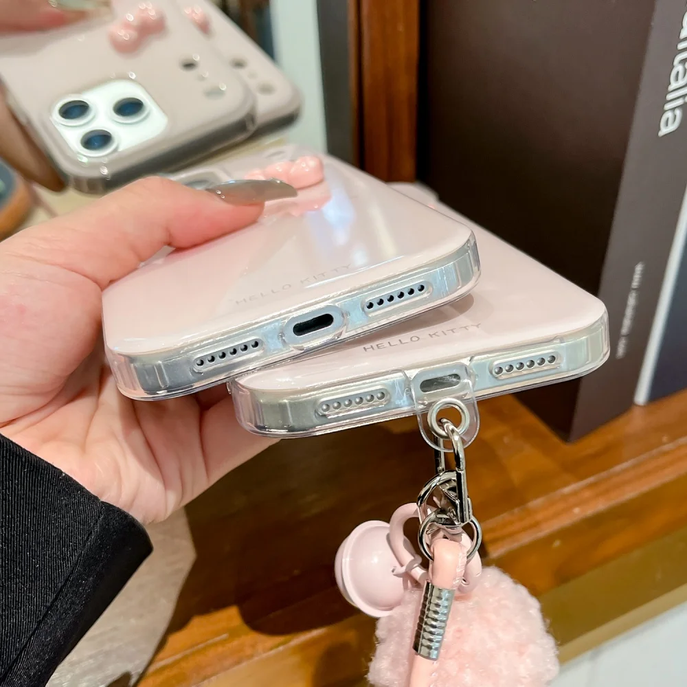 เคสโทรศัพท์ลายเฮลโลคิตตี้ 3 มิติ สีชมพู สำหรับ iPhone 16 17 ProMax 15 14 13 Pro Max ของขวัญสำหรับสาวๆ พร้อมสายคล้อง