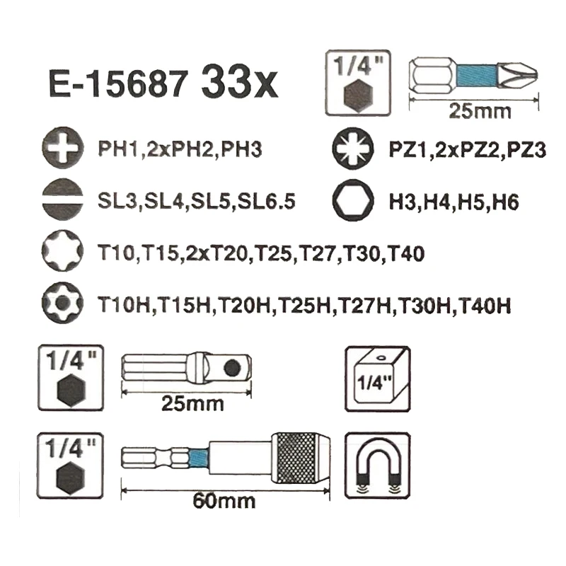 Imagem -06 - Makita E15687 Impact Grupo Brocas Parafuso Chave de Fenda Hex 14 Chave de Fenda Bits Grupo Acessório da Ferramenta Elétrica 33 Pcs