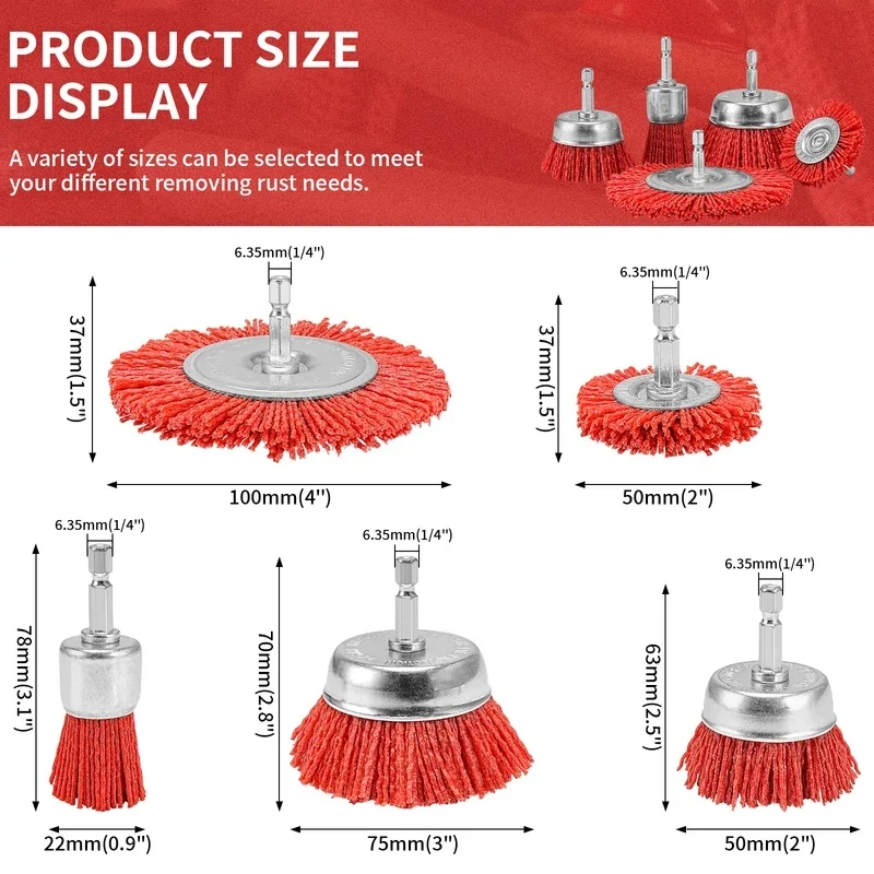 5pcs Nylon Filament Abrasive Brush Wheel Cup Brush Set Hexagonal Handle Drill Brush for Rust, Corrosion and Paint Removal