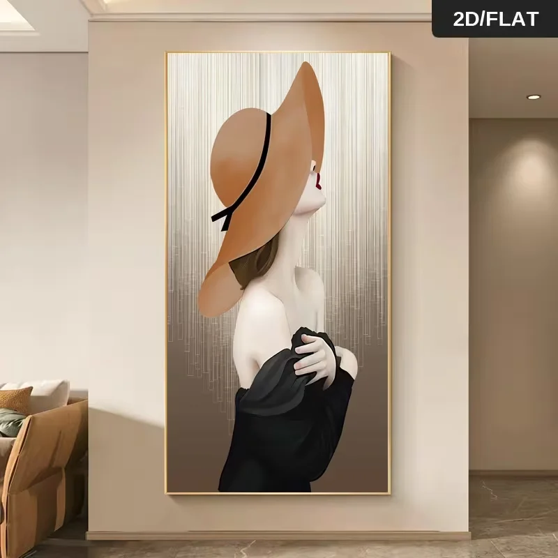 2D Flat, 2D Flat, Stylish Canvas Artwork Featuring a Woman in a Wide-Brimmed Hat, Measuring 27.56 by 55.12 Inches (70 by 140 Cm)