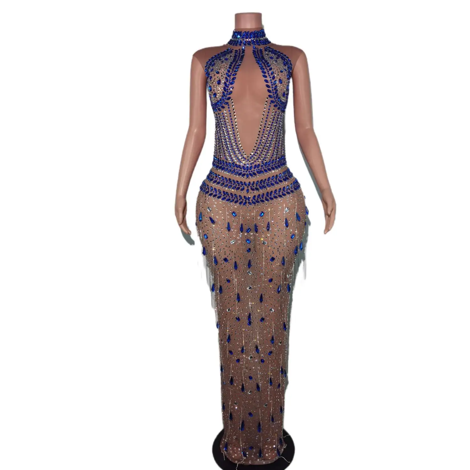 Long Lace Fashionable Elegant Ethnic Style Colorful Rhinestone Pattern Sexy Sleeveless Dress Factory Direct Sale Maxi Mini Dress