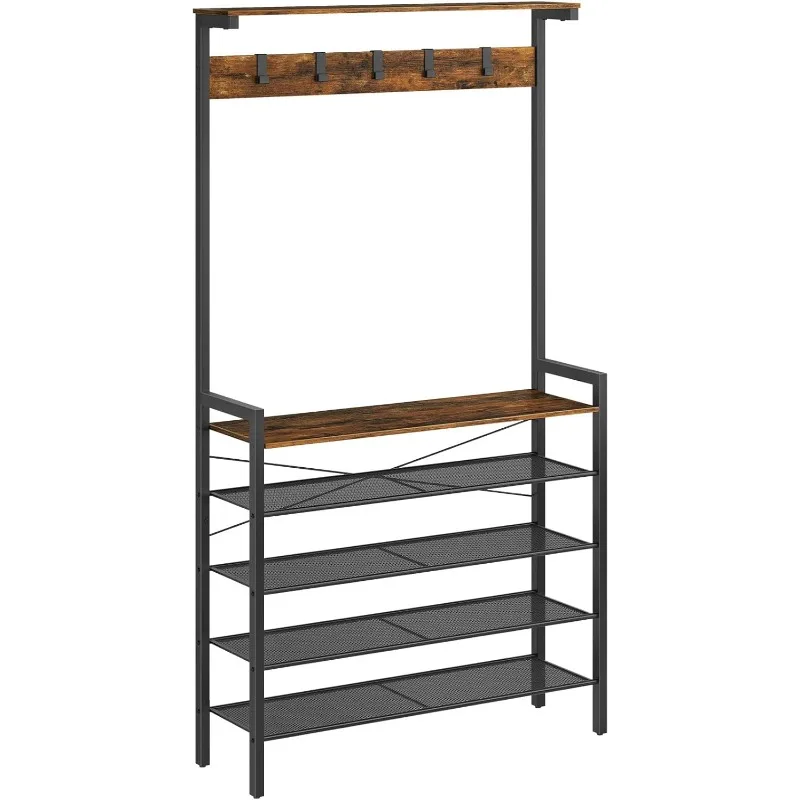 

Hall Tree with Bench, Coat Rack with Shoe Storage, Shoe and Coat Rack, 5-Tier Entryway Shoe Storage, 5 Hooks, for 12-16 Pairs,