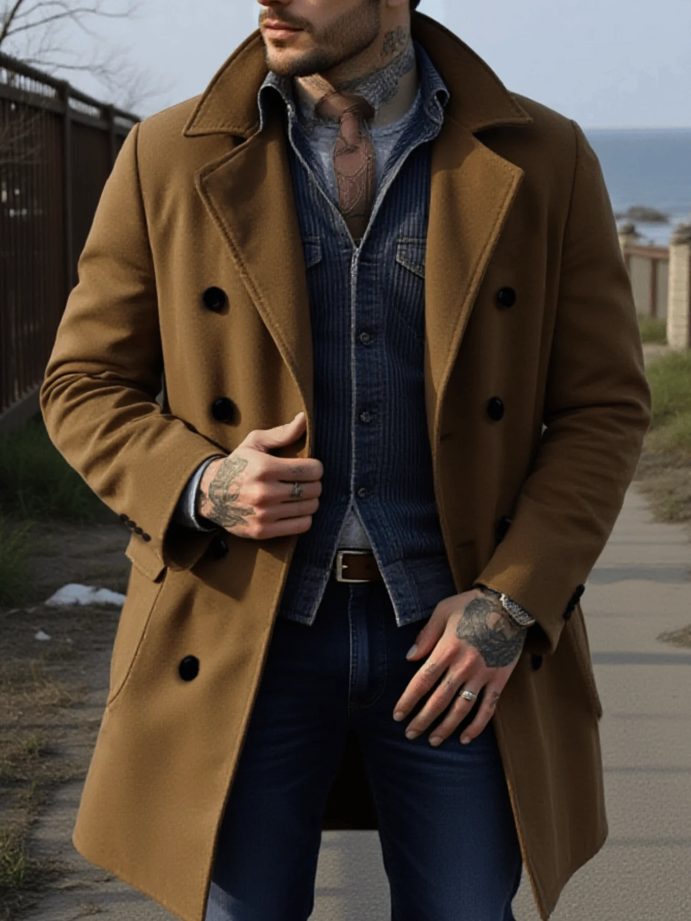 Men's Streetwear Overcoat Woolen Coats Double-Breasted Retro Design Jacket Thickened Tweed With Warm Stand Collar Manswear