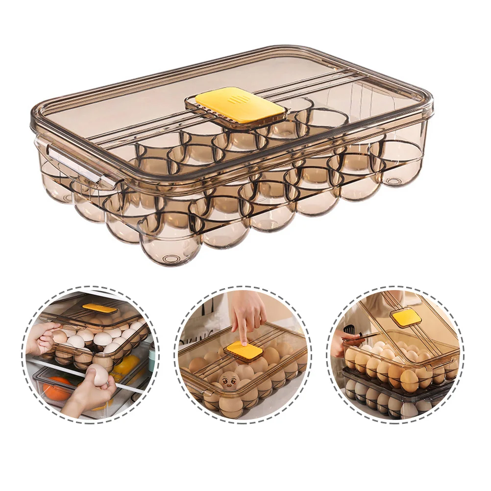 

Large Capacity Egg Carrier Box Transparent Brown Covered Stackable Fridge Egg Storage Rack Organizer Holder Dispenser