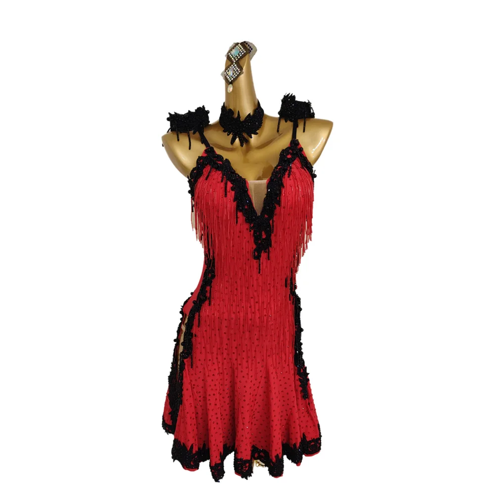 

Latin Dance AB Diamond Female Adult Children High end Customized Bead Tube Tassel Dress Black Pool Samba Performance Dress